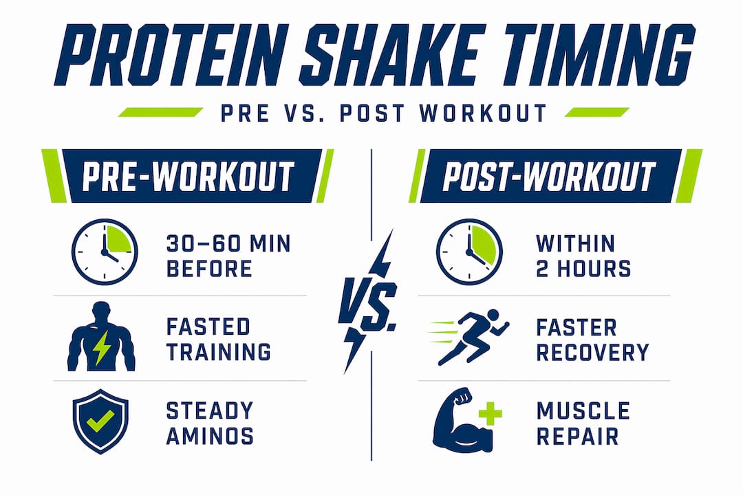 Infographic comparing pre- and post-workout protein shake timing