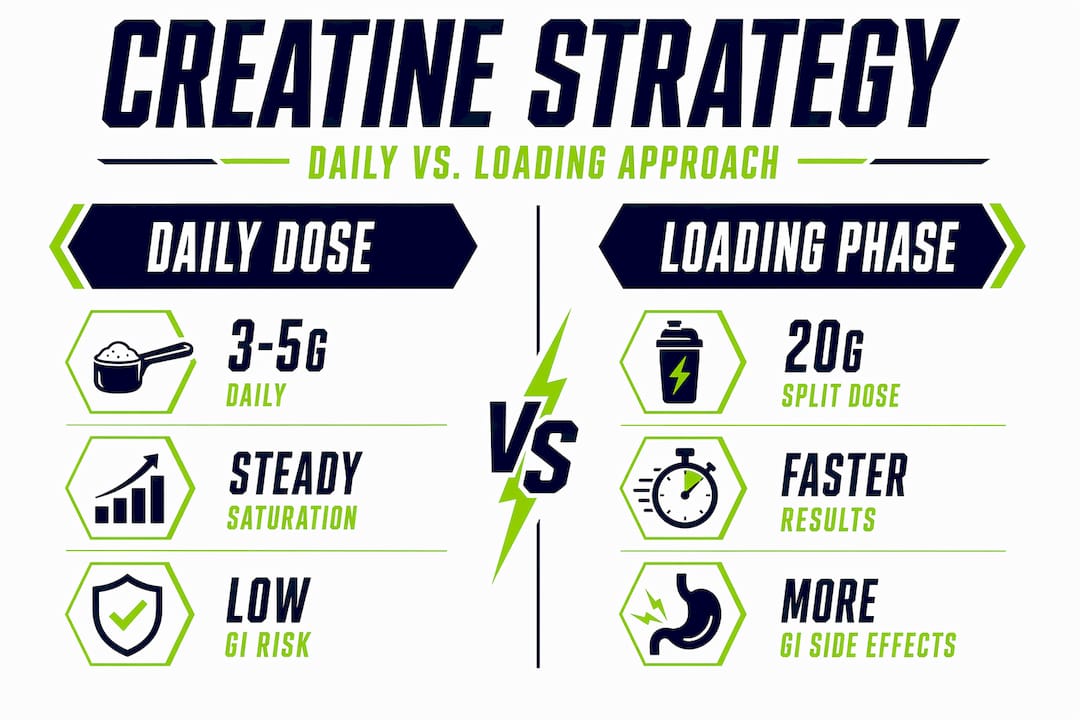 Daily vs loading creatine infographic split