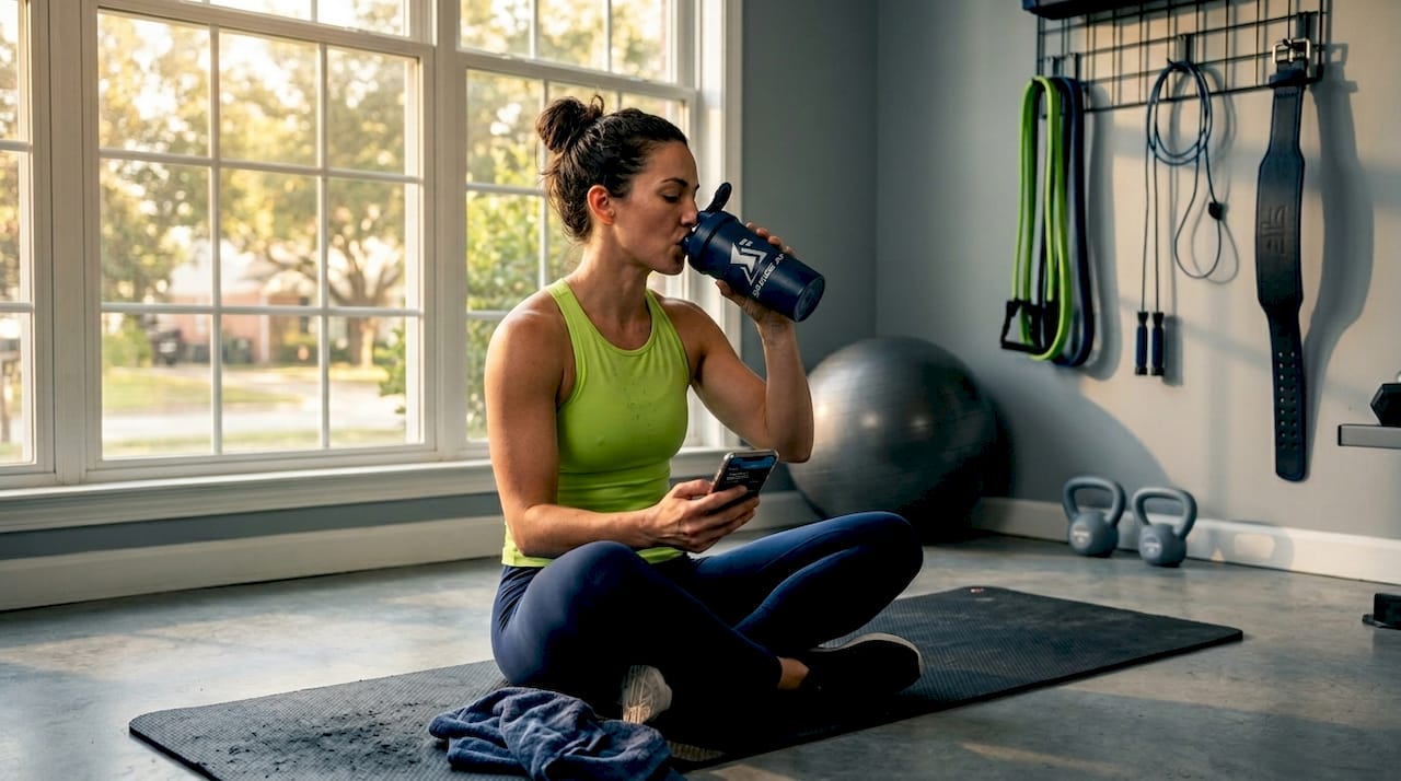 Woman hydrating after workout in home gym