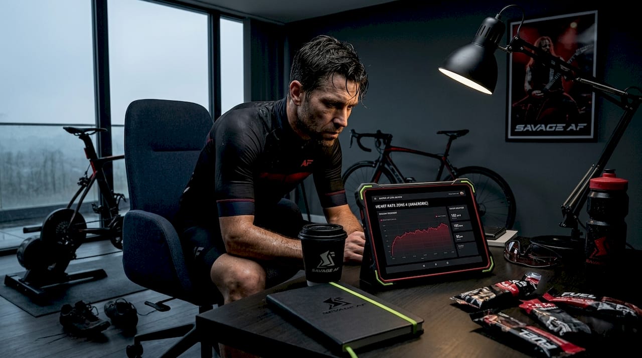 Cyclist reviewing workout performance data
