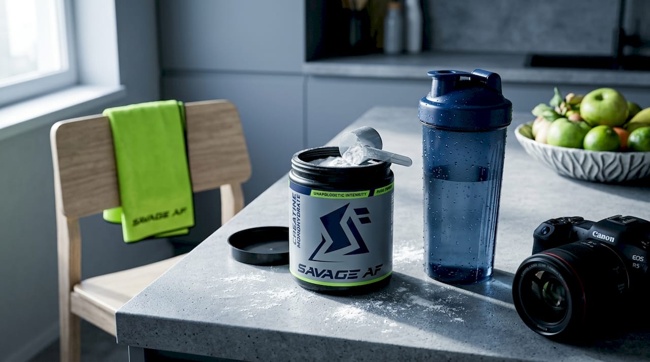 Creatine scoop and shaker on kitchen counter