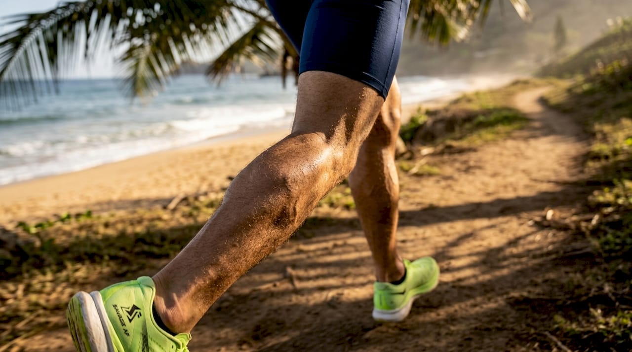 Close-up of runner's calf muscle vascularity