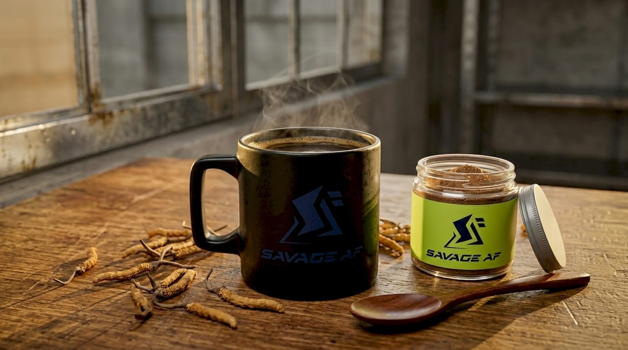 Cordyceps mushroom coffee ingredients and brewed cup