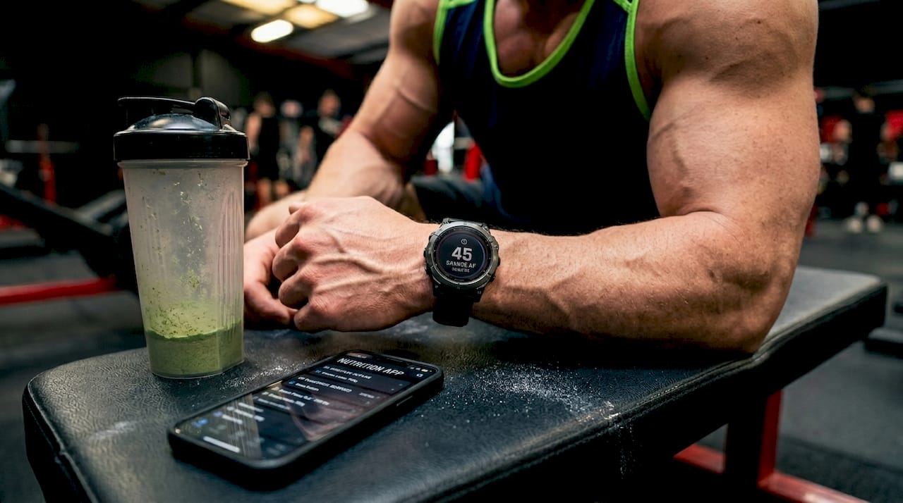 Close-up of sports watch timing pre-workout dose