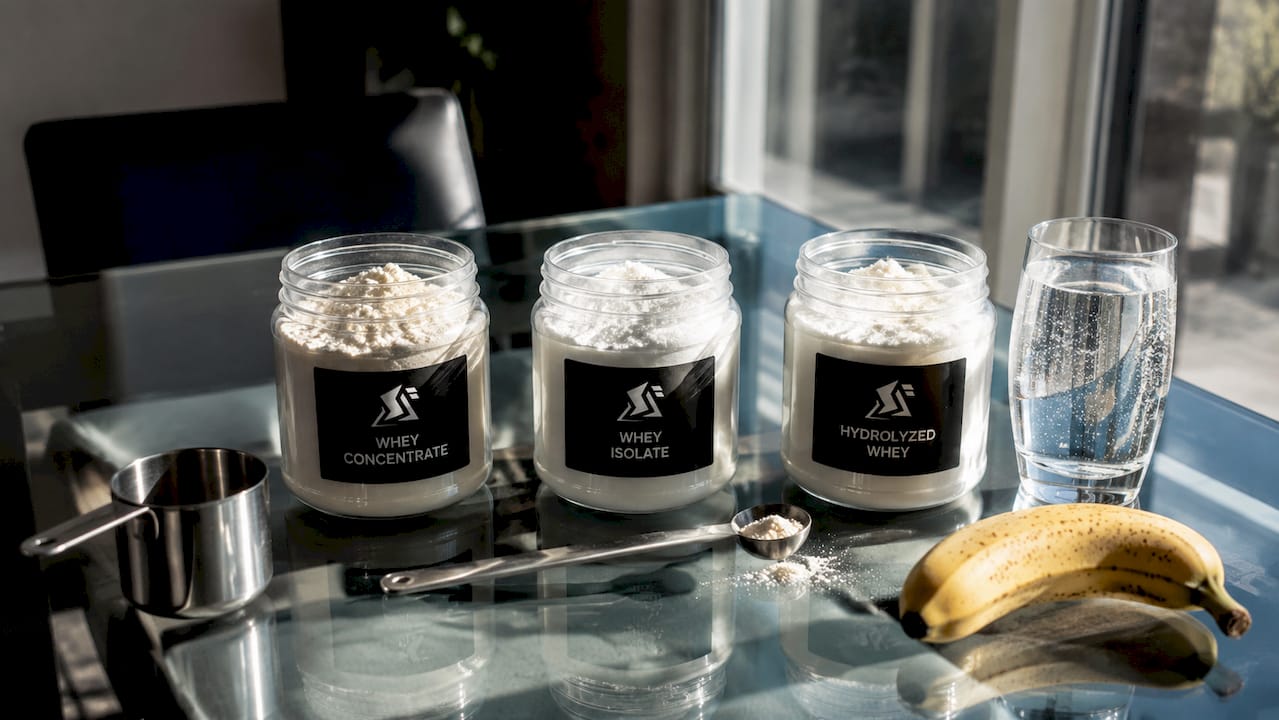 Flat lay of three whey protein types on table