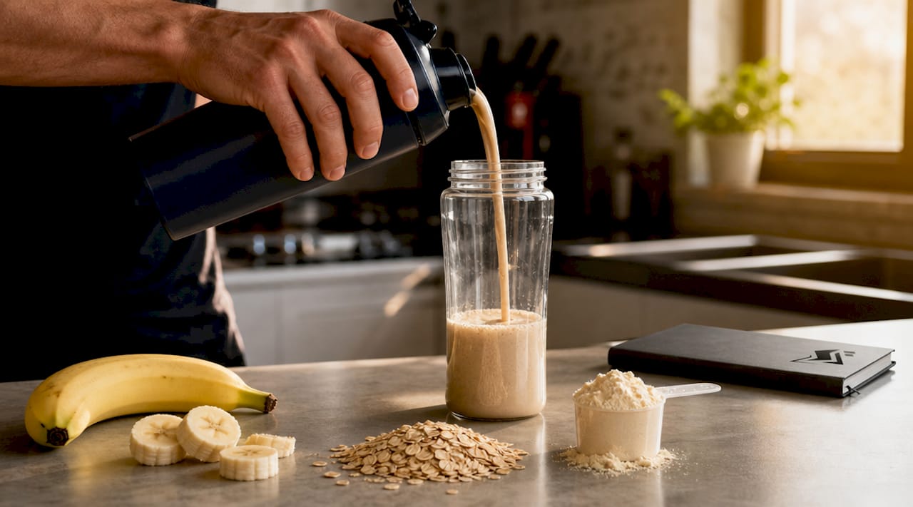 Recovery shake ingredients on kitchen counter