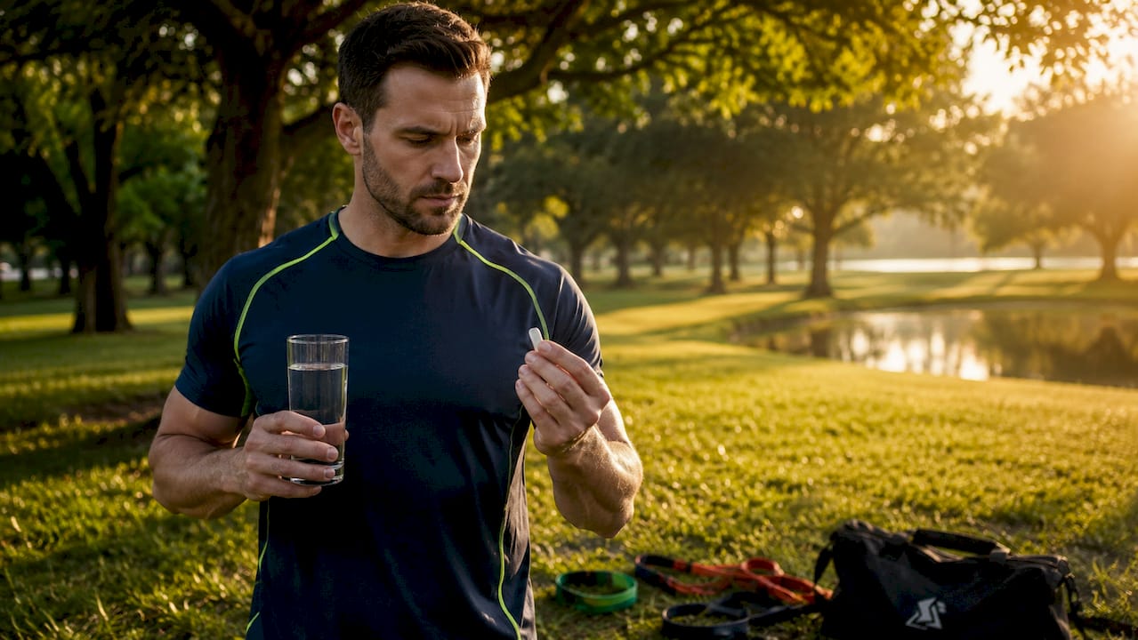 Hands holding caffeine pill and water in gym