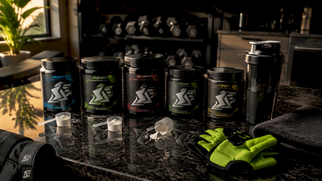 Flat lay of various pre-workout supplement types