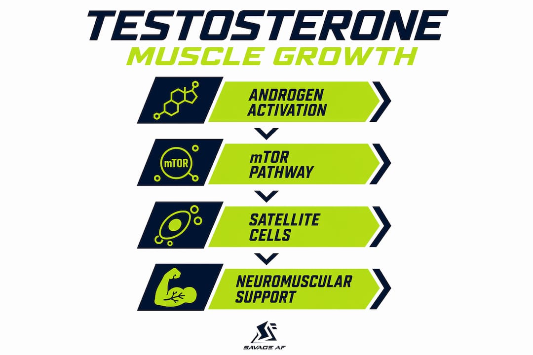 Infographic illustrating testosterone muscle growth stages