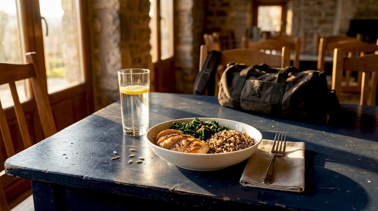 Healthy post-workout meal on wooden table