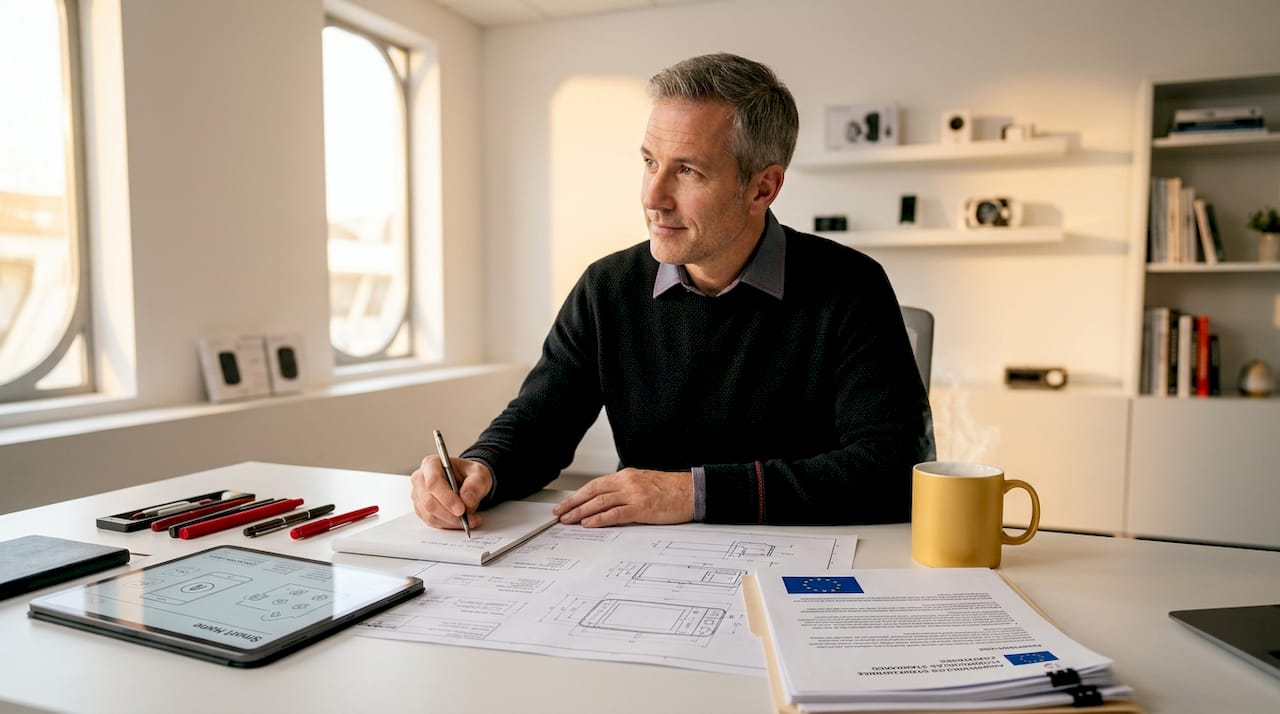 Designer reviewing USB-C device blueprints and EU regulations