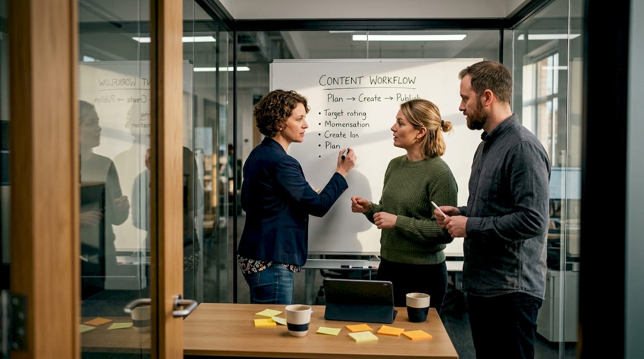 Marketing team discussing workflow at whiteboard