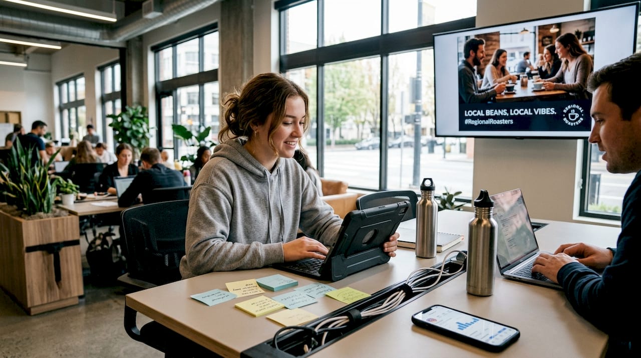 Marketer scheduling social media for SMB branding