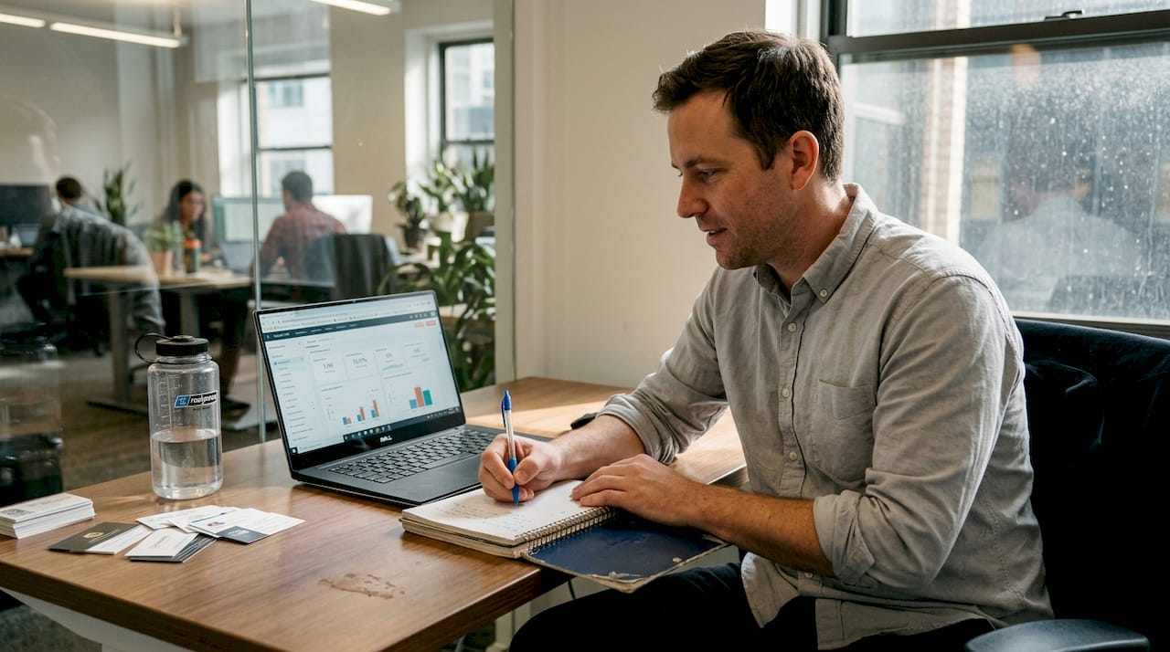 SME owner reviewing CRM digital marketing metrics