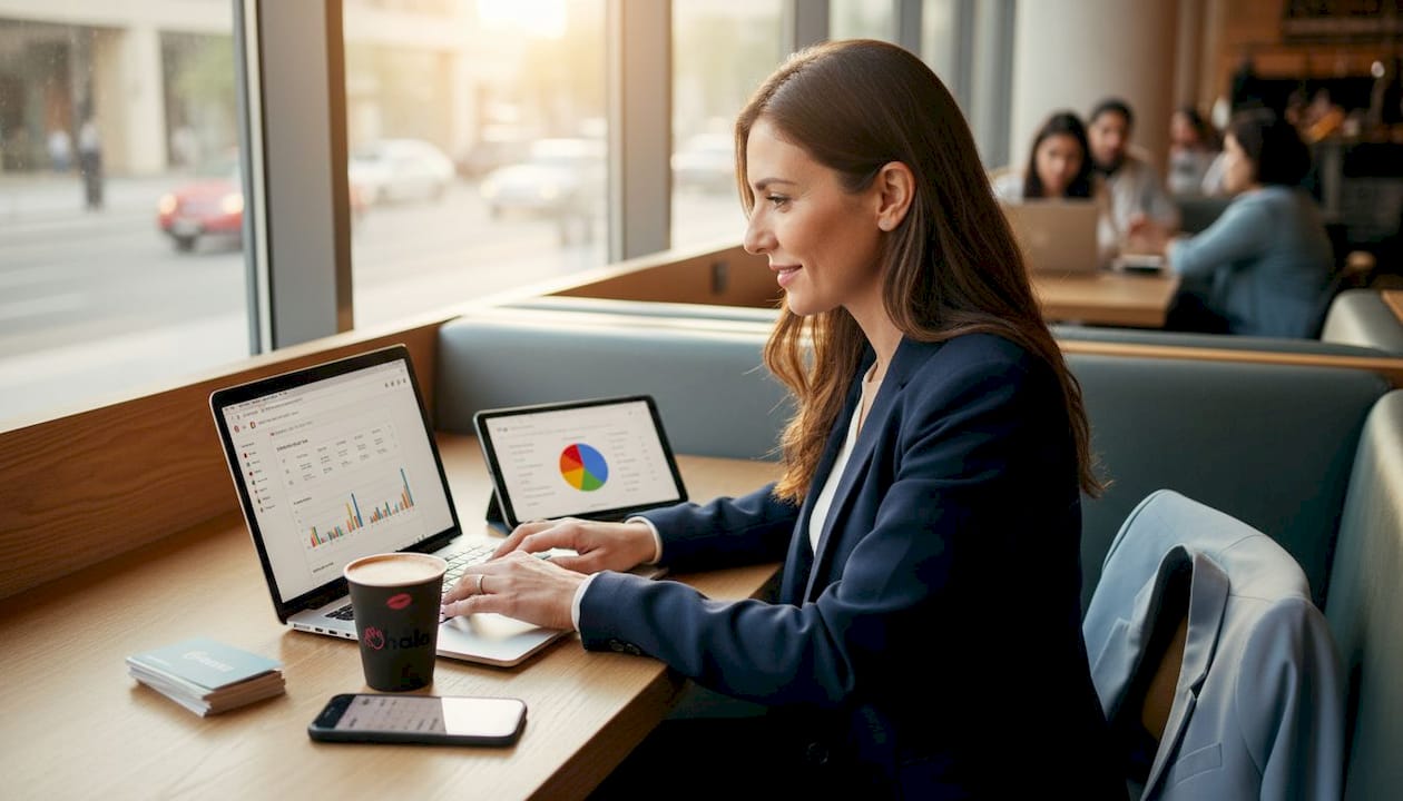 Woman reviewing Google Ads campaign in café