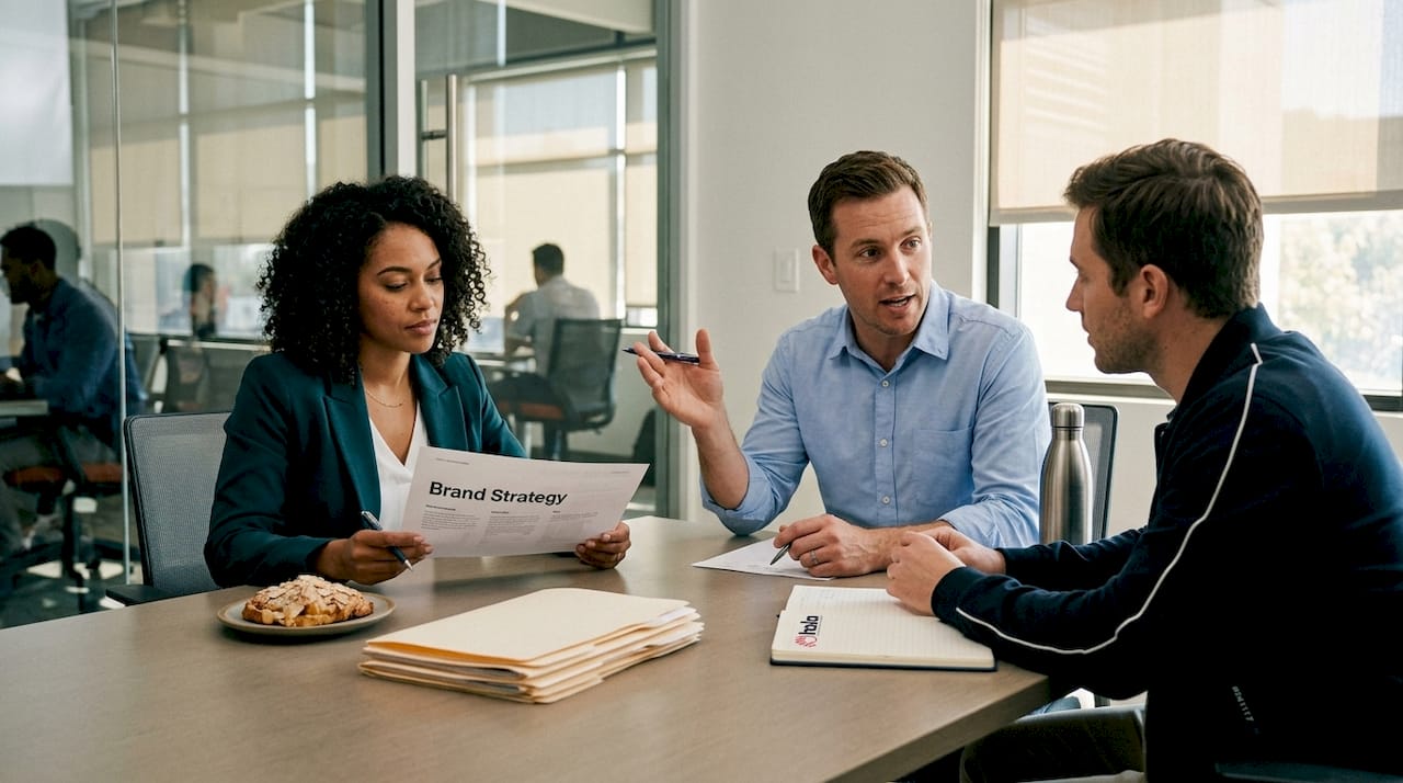 Business team discussing brand trust at meeting