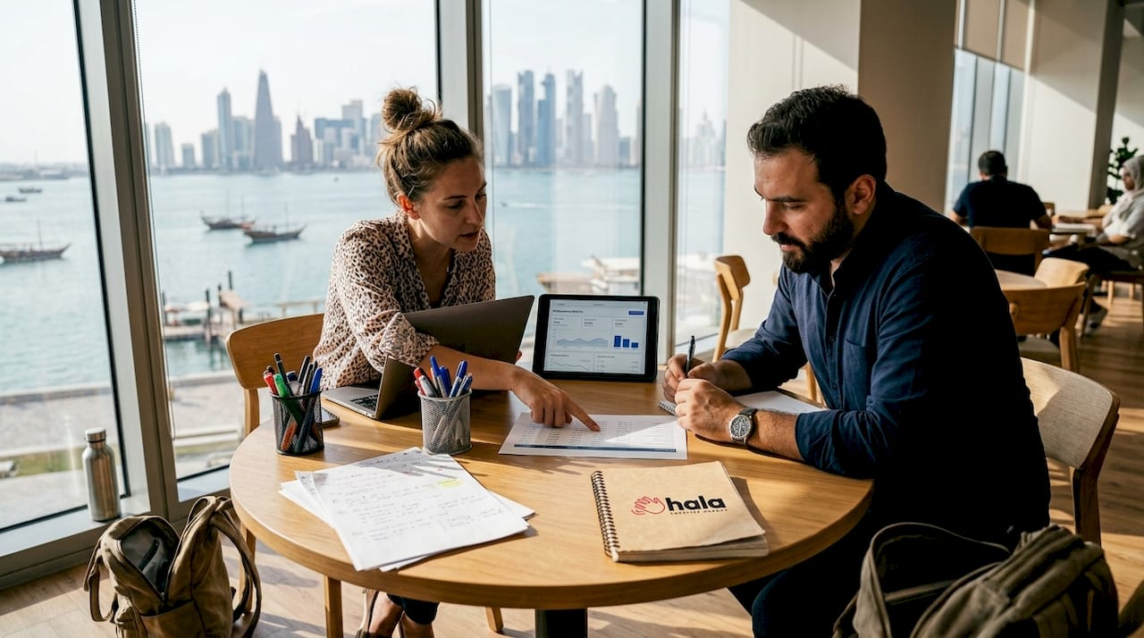 Coworkers meeting at table with analytics printout