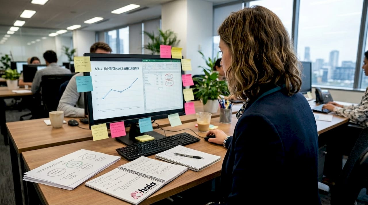 Marketing manager reviews ad optimization results