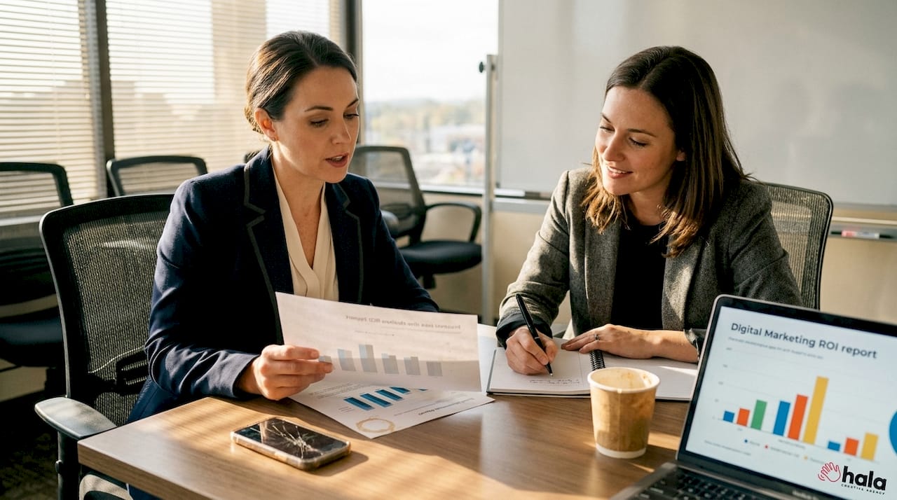 Team reviewing UAE digital marketing ROI results