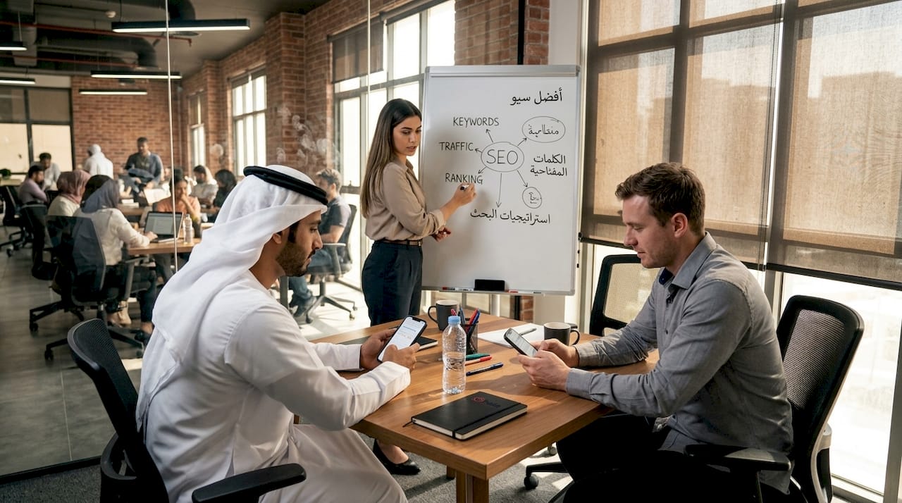 Team discusses multilingual SEO strategies in Dubai