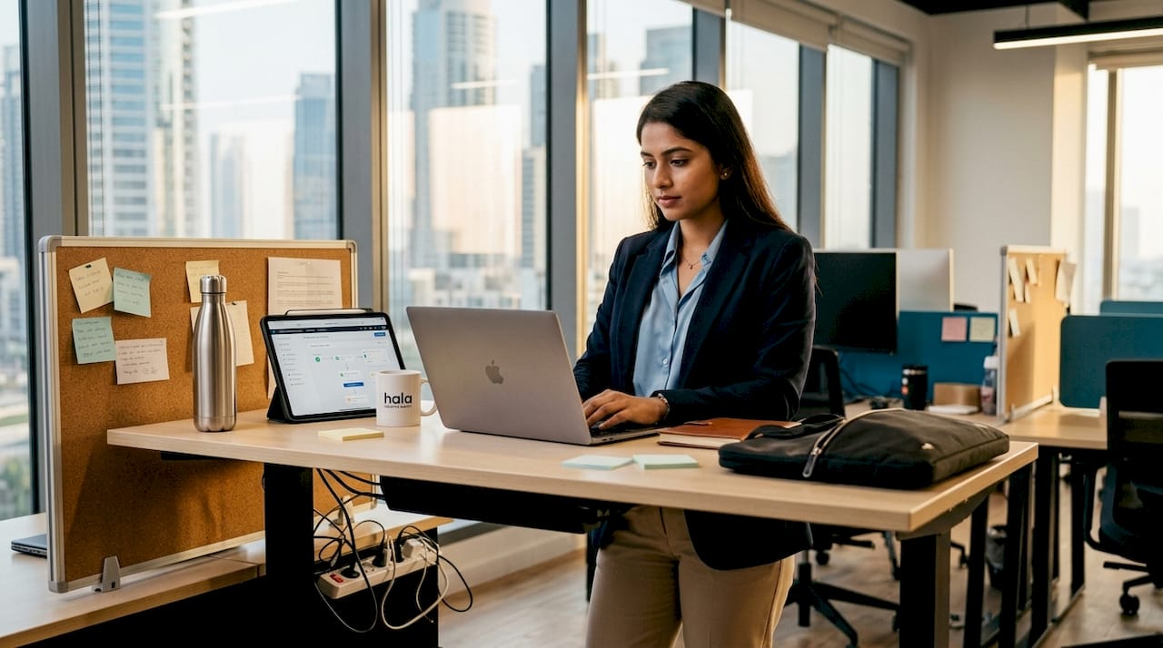 Woman using AI tools at Dubai coworking space