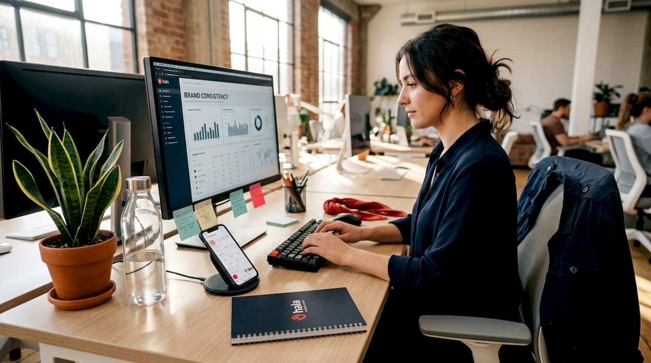 Social media manager working on brand consistency