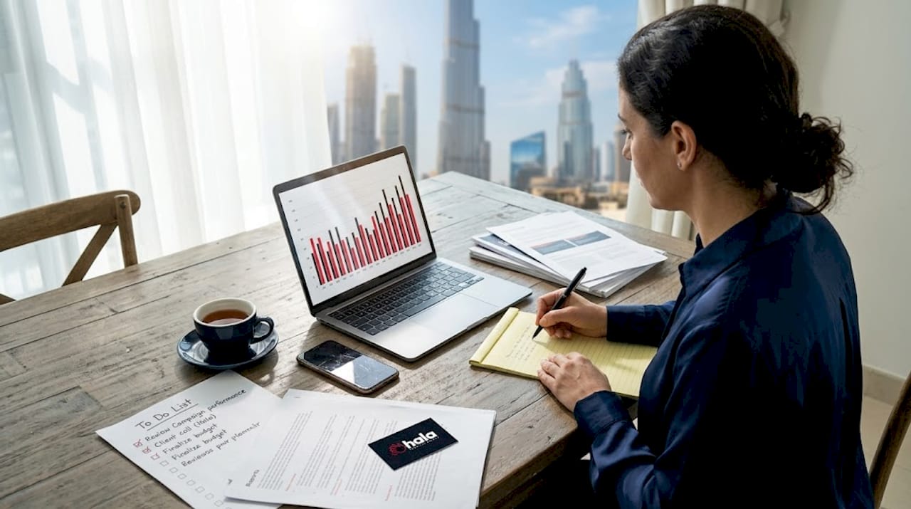 Manager reviews digital strategy results in home workspace