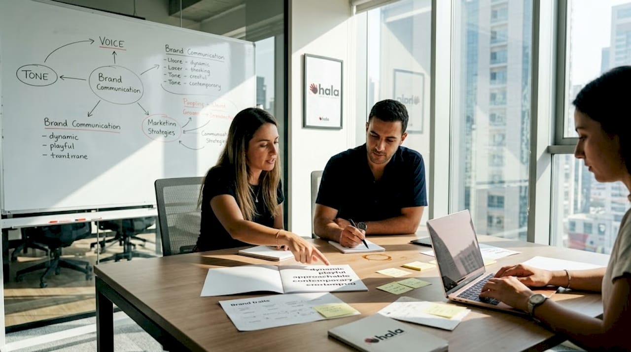 Team discussing brand voice guide in meeting