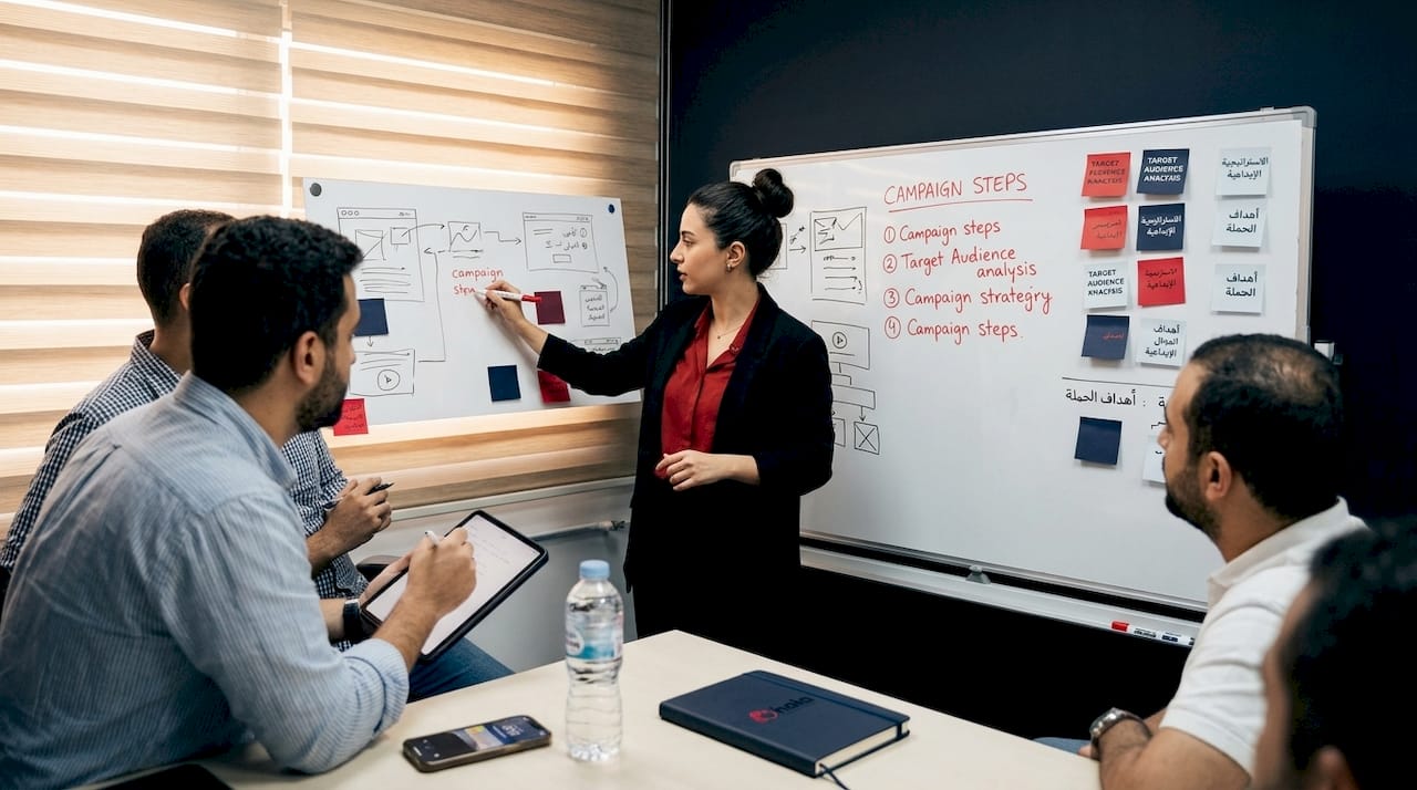 Team discussing branding strategy with whiteboard