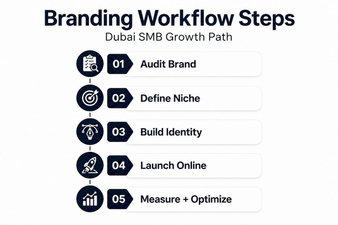 Infographic outlining branding workflow steps for Dubai SMBs
