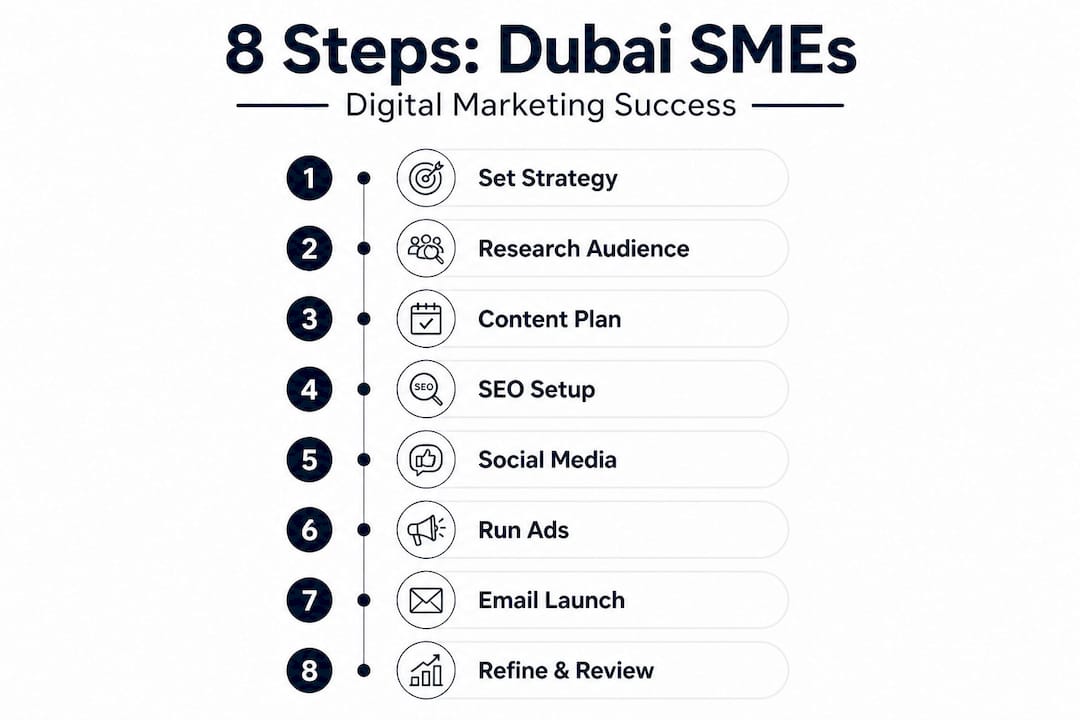 Infographic outlines 8 digital marketing steps