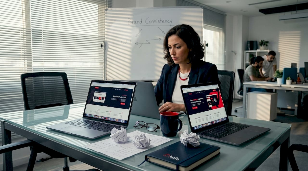 Manager reviews bilingual website versions for consistency