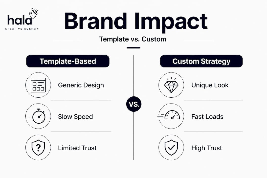 Infographic comparing template-based and custom strategy branding