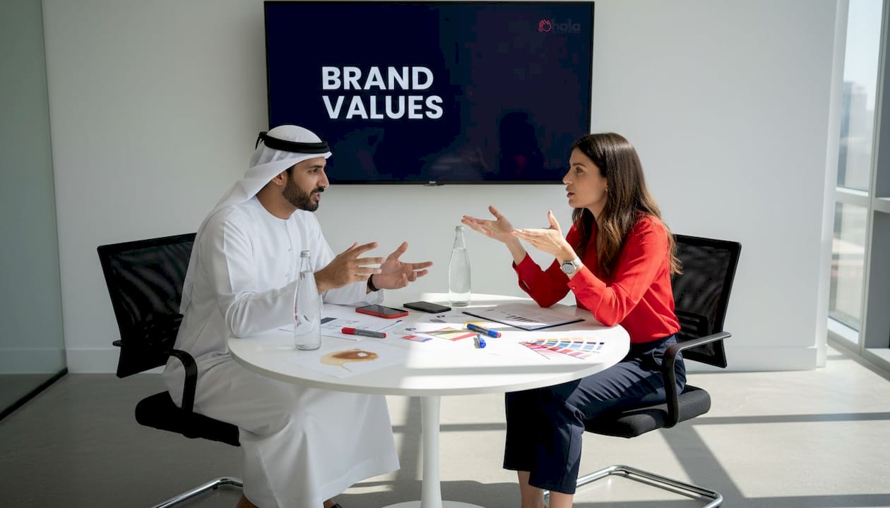Colleagues collaborate on brand identity at meeting table