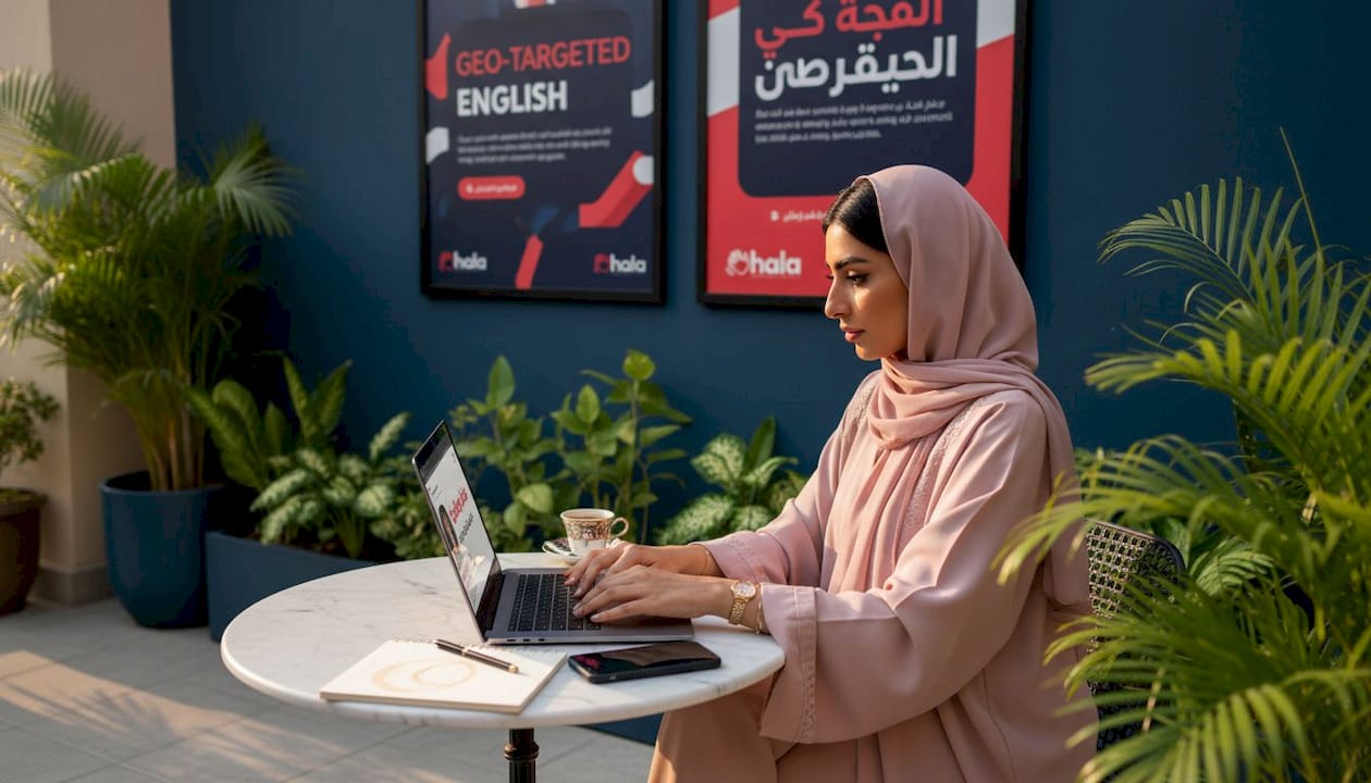 Emirati marketer drafts content at Dubai café