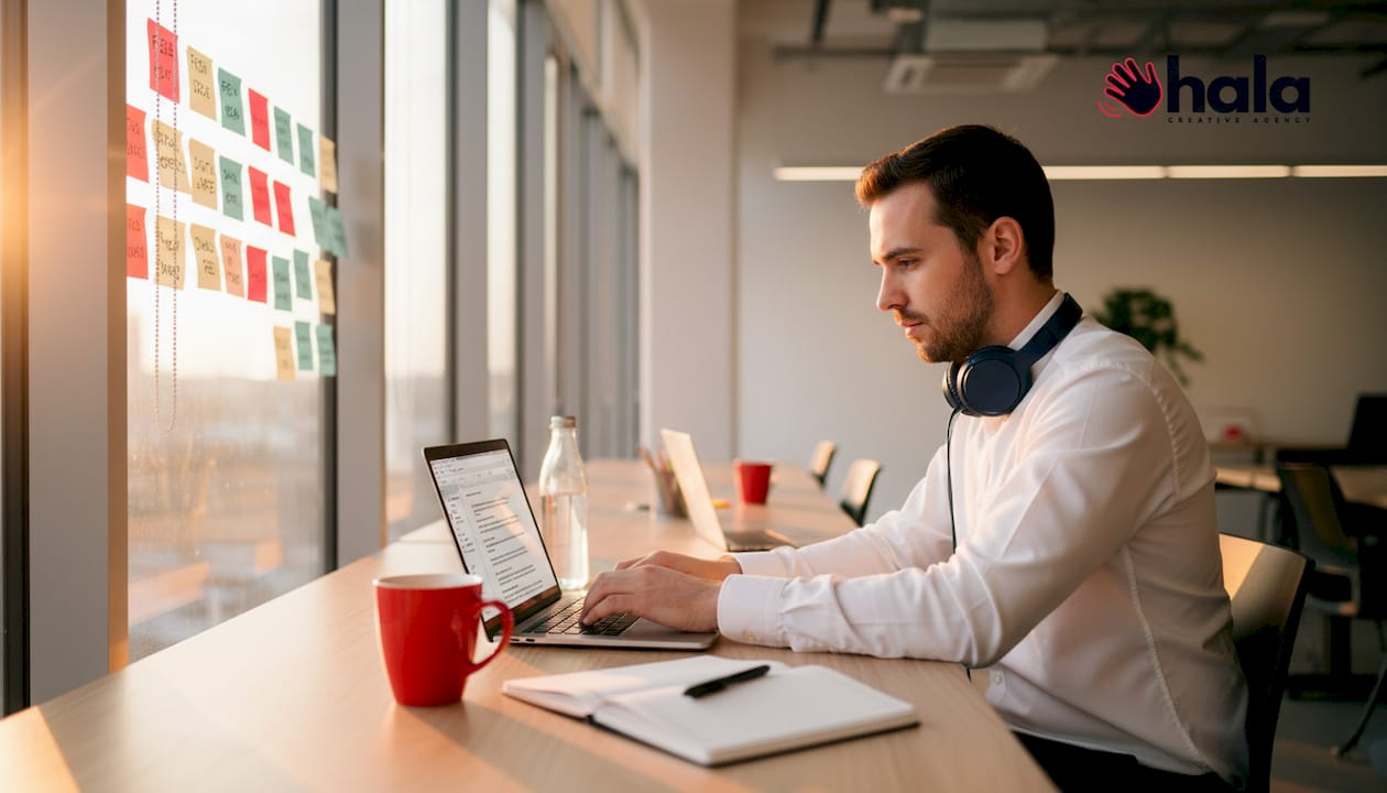Copywriter drafting brand taglines at desk