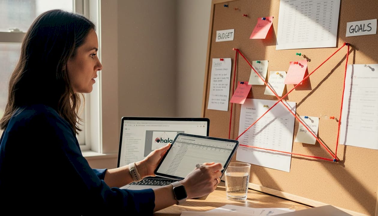 Small business owner planning ad strategy on whiteboard