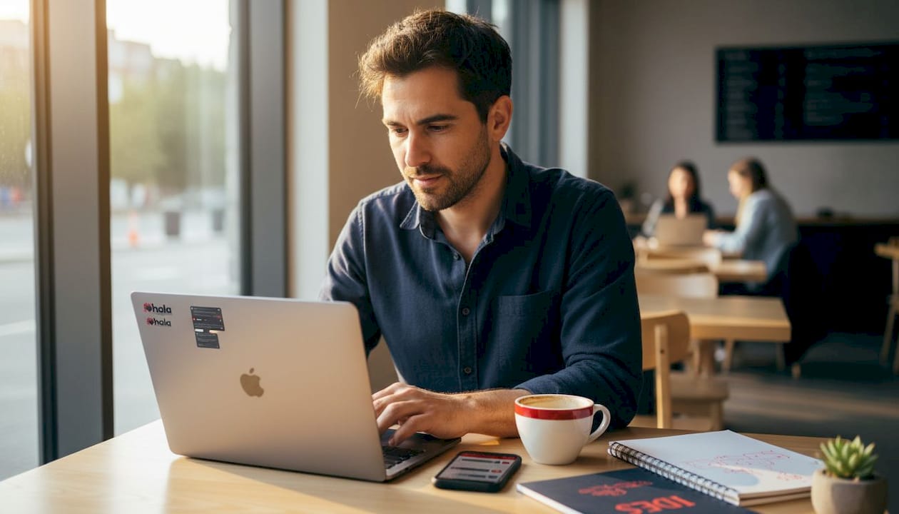 Man answering messages at shared workspace