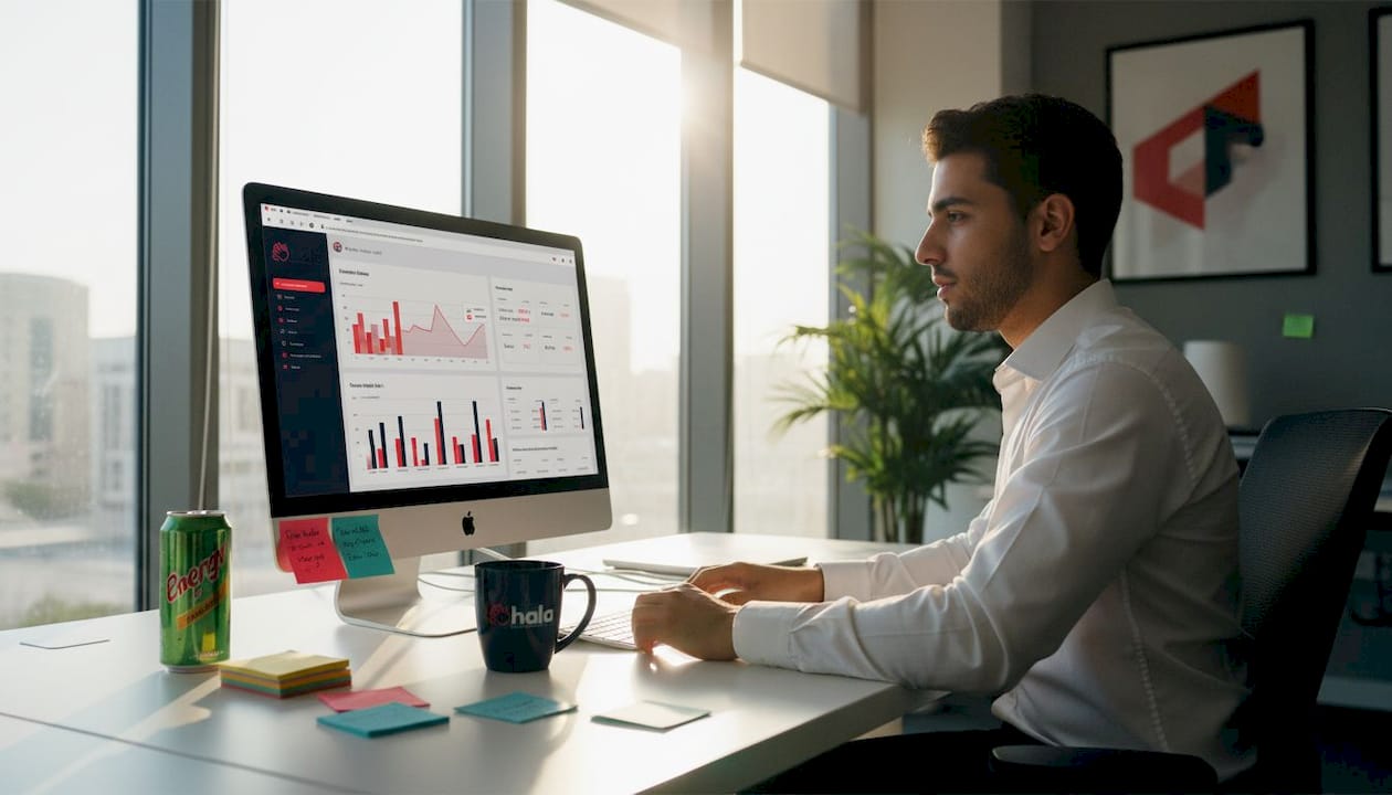 Marketer using digital tools in Dubai office