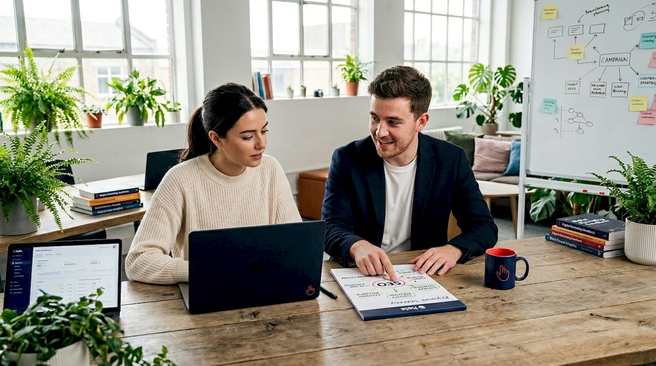 Colleagues discussing SEO strategy with notes
