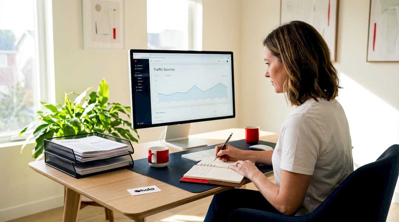 Reviewing website analytics at clean home office desk