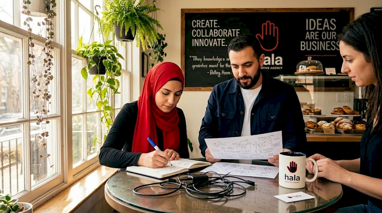 Team brainstorms campaign by whiteboard and monitor