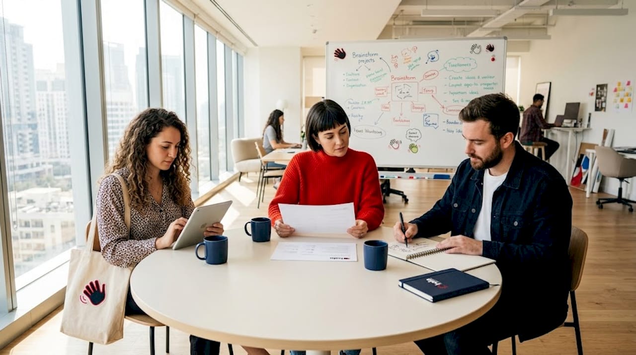 Hybrid pod team working around conference table