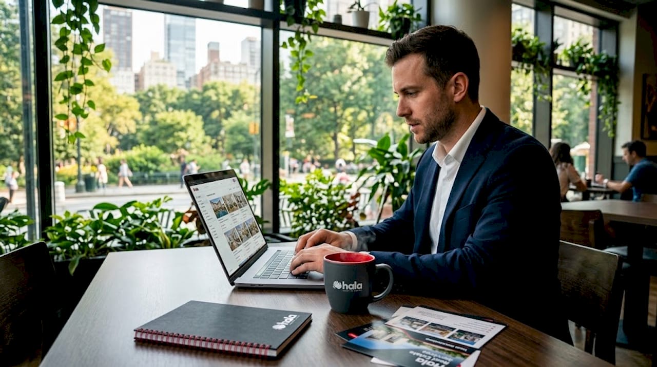 Agent reviewing property listings in Dubai high-rise office