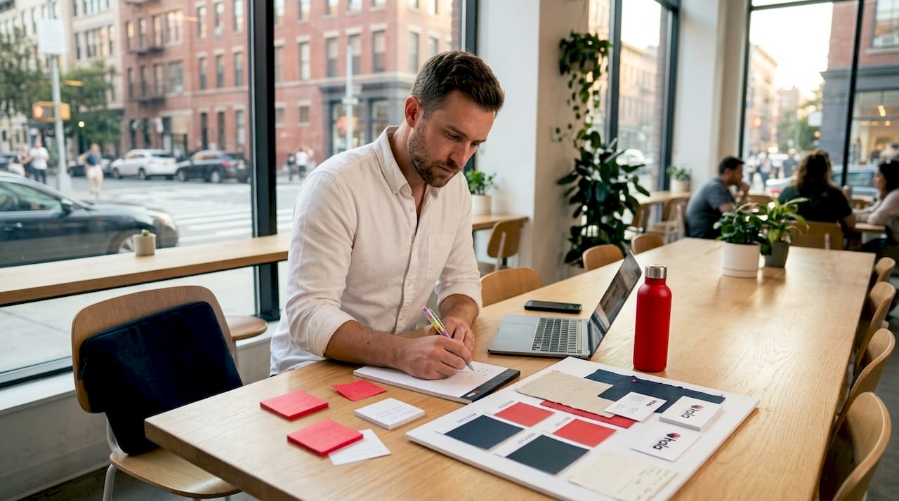Startup founder working on brand identity at desk