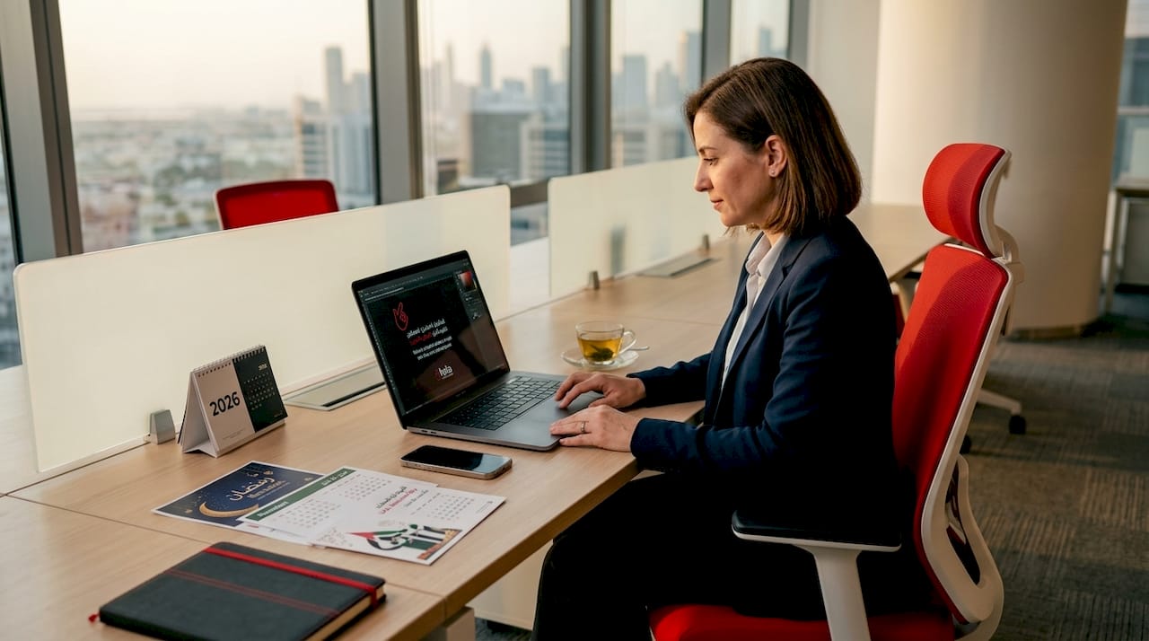 Woman preparing bilingual Dubai social media content