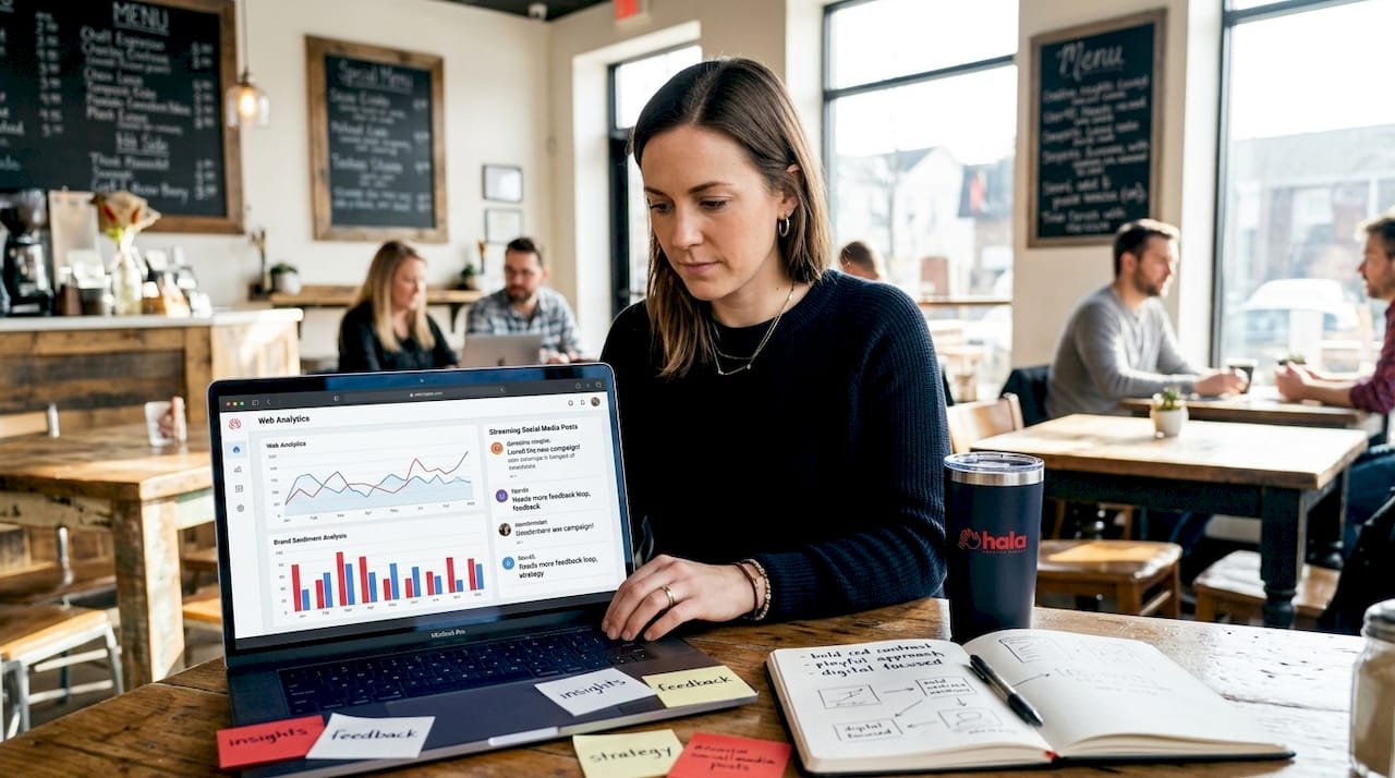 Laptop displaying social listening analytics dashboard