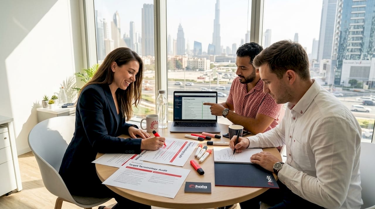 Team conducting content terminology audit in coworking space