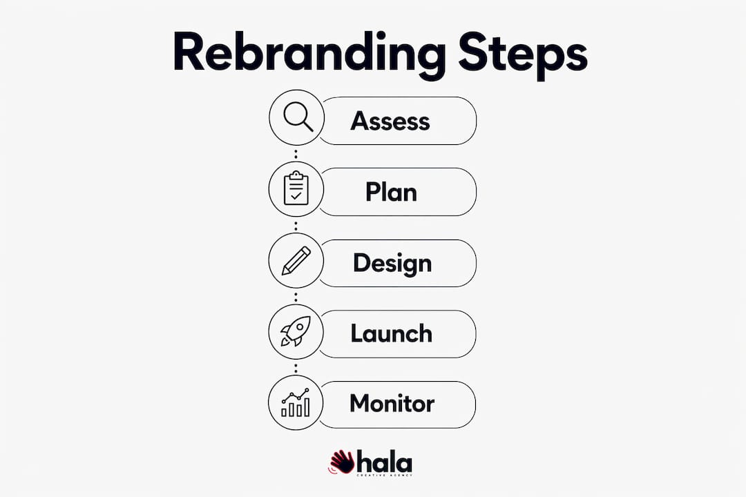 Infographic showing five-step rebranding process