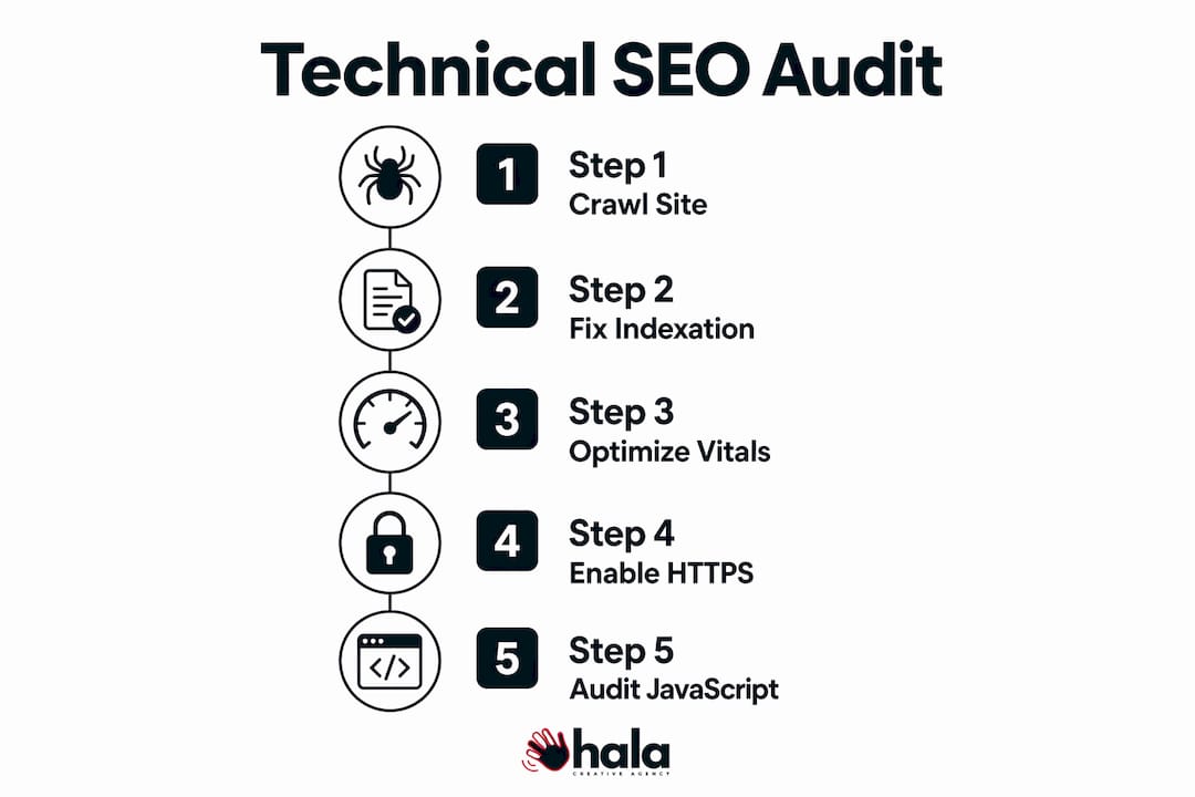 Infographic outlining technical SEO audit steps
